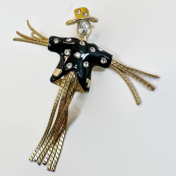 Vintage Brooch Scarecrow: Pauline Radar Designer Gold Tone Enamel Rhinestone - Picture 1 of 3